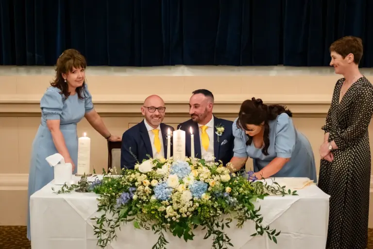 Declan and Mike celebrating immediately after their ceremony at the College Green Hotel, Dublin