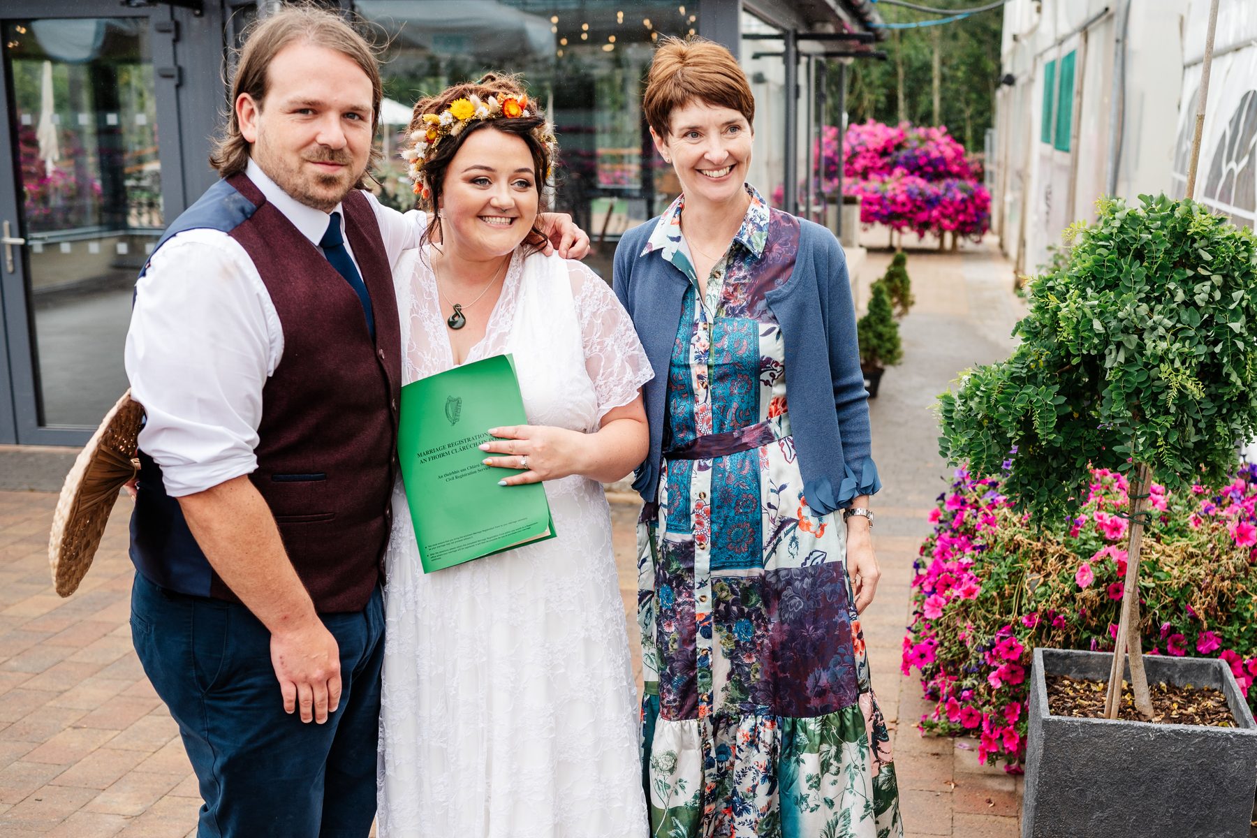 Rosemary Hartigan with Niabh and Joe after their ceremony at The Village at Wheelocks, Wexford