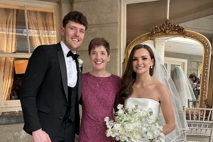Kevin and Katie with celebrant Rosemary Hartigan after their wedding ceremony at Tankardstown House, Meath